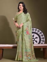 Pista Green Tussar Silk Digital Print Saree